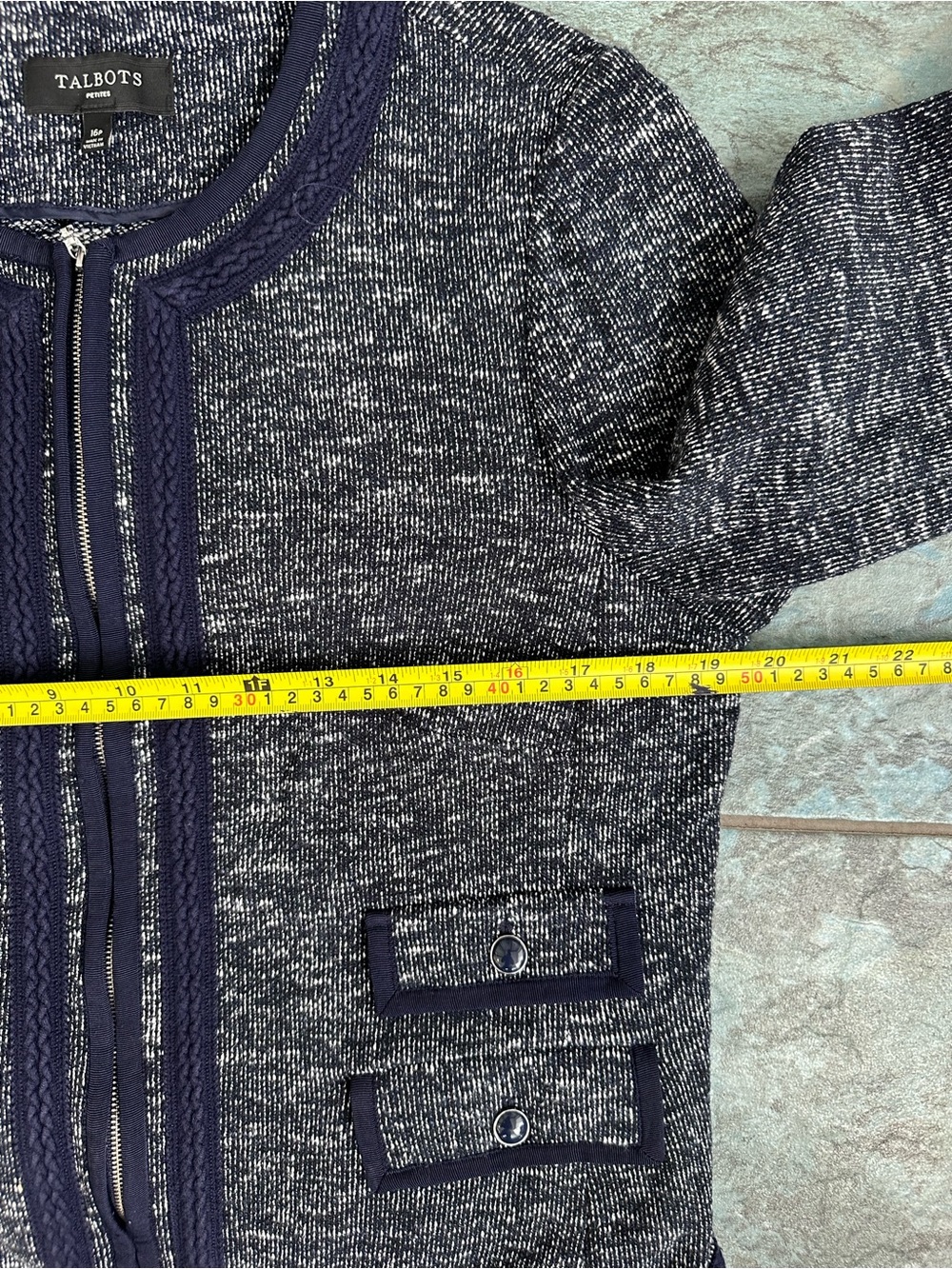 Talbots Sweater Lady Jacket Size 16P Blue Work Career Tweed Zipper Pockets - Picture 6 of 7
